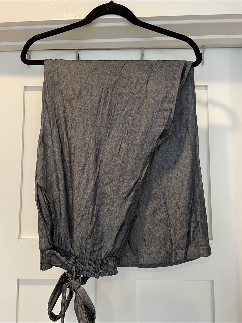 LuLaRoe Dianne Wide-Leg Drawstring Pants — Charcoal Gray with a hint of sheen.